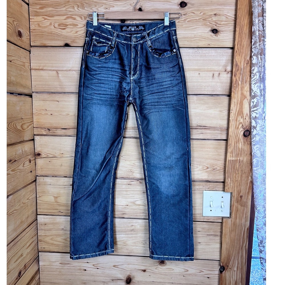 G5115 Jeans Womens 8 28"‎ Dark Wash Studded Eagle Pocket Y2K Straight Leg Denim